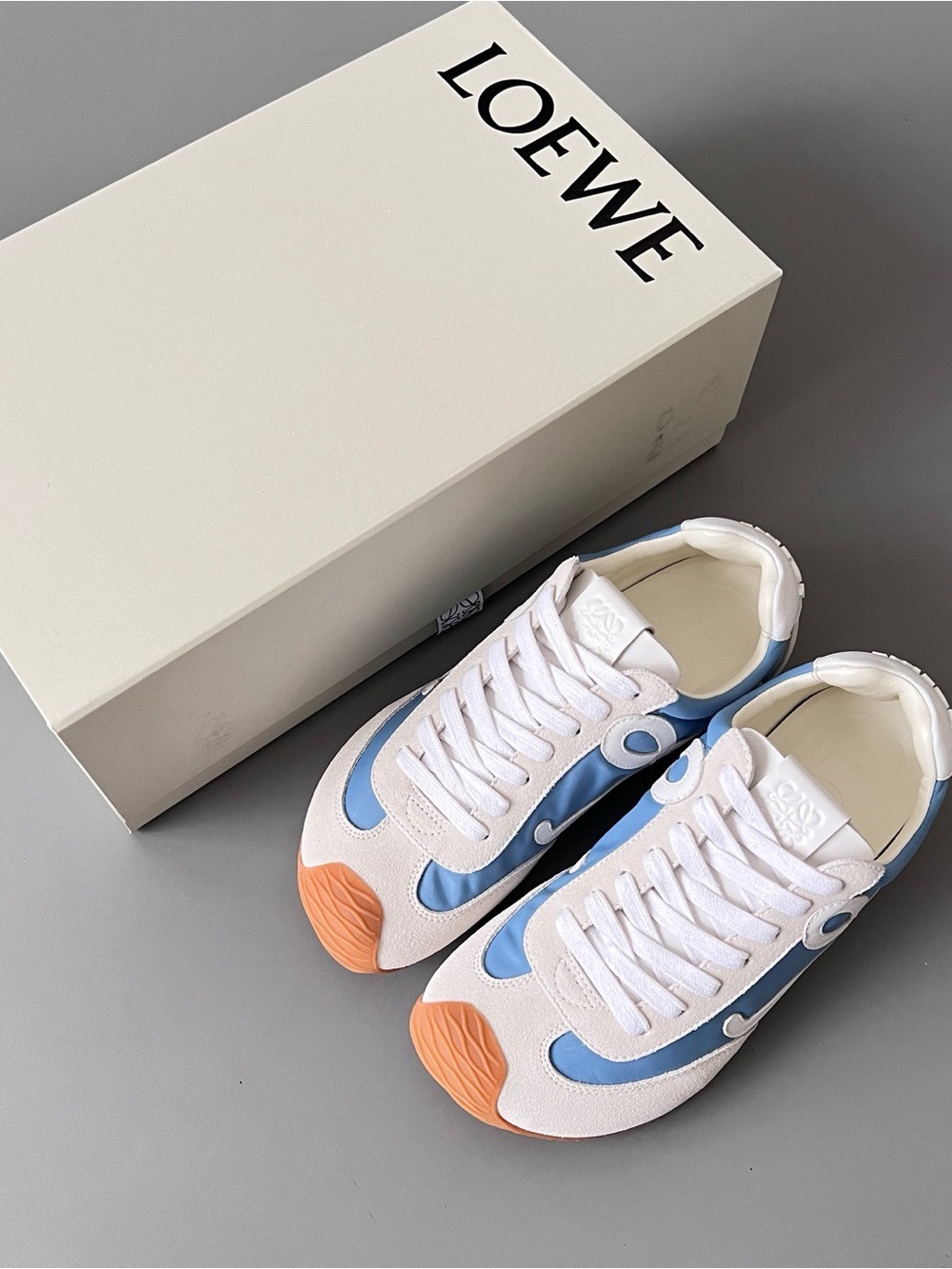 Loewe Women's White & Blue Runner Sneakers with Orange Accents
